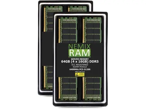 64GB 4X16GB DDR5 6400MHz PC5-51200 1Rx8 1.1V CL52 288-PIN ECC Registered RDIMM NEMIX RAM Server Memory KIT Compatible with Supermicro H14DSH...