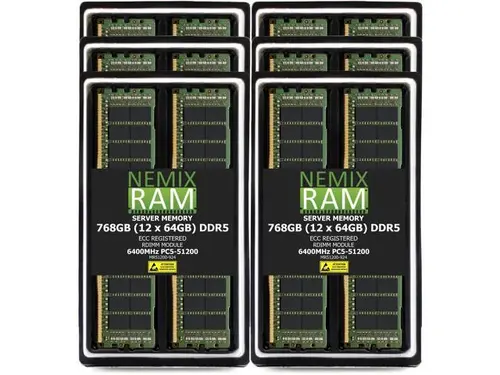 768GB 12X64GB DDR5 6400MHz PC5-51200 2Rx4 1.1V CL52 288-PIN ECC Registered RDIMM NEMIX RAM Server Memory KIT Compatible with Supermicro H14DSH...