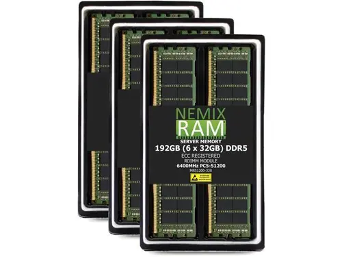 192GB 6X32GB DDR5 6400MHz PC5-51200 2Rx8 1.1V CL52 288-PIN ECC Registered RDIMM NEMIX RAM Server Memory KIT Compatible with Supermicro H14SSL-NT...