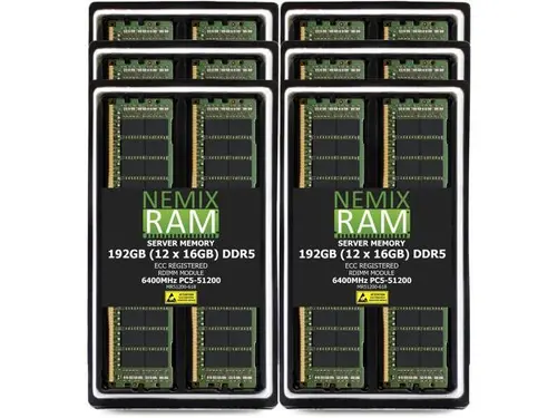 192GB 12X16GB DDR5 6400MHz PC5-51200 1Rx8 1.1V CL52 288-PIN ECC Registered RDIMM NEMIX RAM Server Memory KIT Compatible with Supermicro H14SSL-NT...