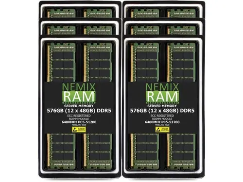 576GB 12X48GB DDR5 6400MHz PC5-51200 2Rx8 1.1V CL52 288-PIN ECC Registered RDIMM NEMIX RAM Server Memory KIT Compatible with GIGABYTE MZ73-LM1...