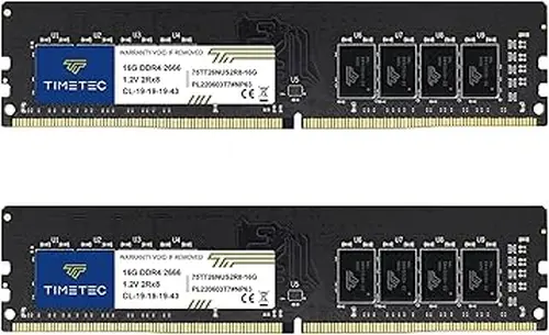Timetec 32GB KIT (2x16GB) DDR4 2666MHz (PC4-2666V) PC4-21300 UDIMM Desktop RAM – 288-Pin 1.2V CL19 Non-ECC Unbuffered DIMM Memory Module Upgrade
