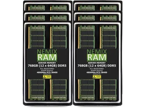 768GB 12X64GB DDR5 4800MHz PC5-38400 2Rx4 1.1V CL40 288-PIN ECC Registered RDIMM NEMIX RAM Server Memory KIT Compatible with Supermicro H13SSH-E...