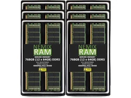 768GB 12X64GB DDR5 4800MHz PC5-38400 2Rx4 1.1V CL40 288-PIN ECC Registered RDIMM NEMIX RAM Server Memory KIT Compatible with Supermicro H14SST-G...