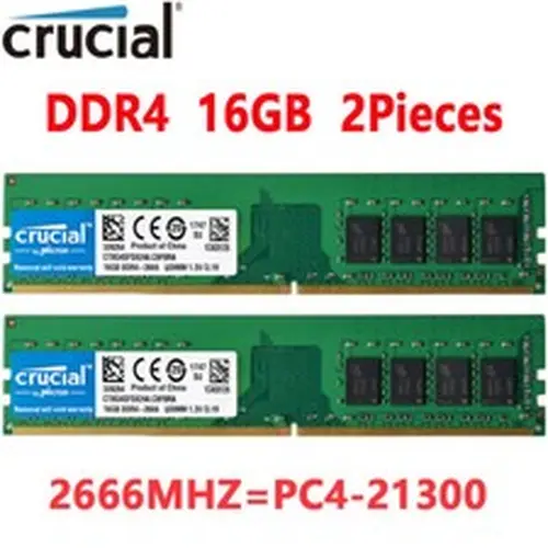 Crucial DDR4 32GB 2X16GB 2666 Mhz PC4-21300 288pins Desktop Memory Dimm Ram