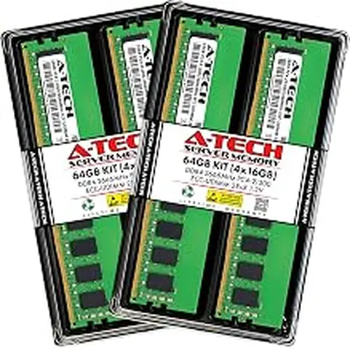 A-Tech Server 64GB Kit (4x16GB) DDR4 2666MHz PC4-21300 ECC UDIMM 2Rx8 Dual Rank 1.2V ECC Unbuffered DIMM 288-Pin Server & Workstation RAM Memory Upgrade Modules (A-Tech Enterprise Series)
