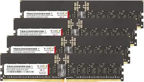 V-Color DDR5 128GB (32GBx4) 6000MHz CL30 2Rx8 Ultra Low-Timing OC R-DIMM (Overclocking ECC Registered DIMM) 1.4V Memory Ram for TRX50/WRX90 Workstation (AMD Expo) (TRA532G60D830Q)