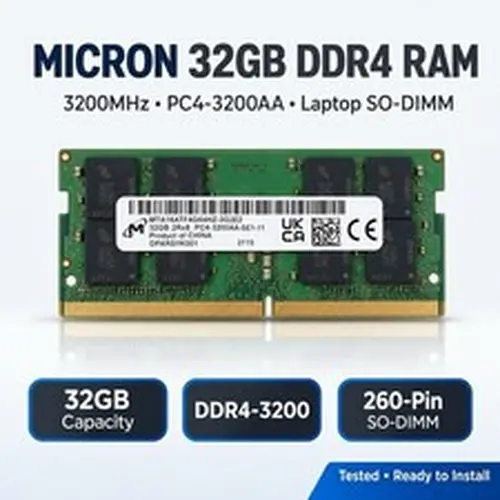 MICRON 32GB DDR4 LAPTOP RAM, MTA16ATF4G64HZ-3G2E2 3200Mhz SODIMM / Pulled•Test