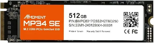 MMOMENT MP34 SE 512GB PCIe 3.0 NVMe M.2 2280 SSD, 2100MB/s Read