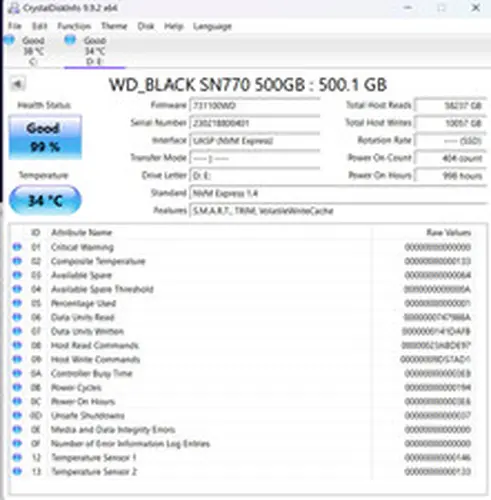Western Digital WD_Black SN770 500GB NVMe M.2 SSD 99% Health