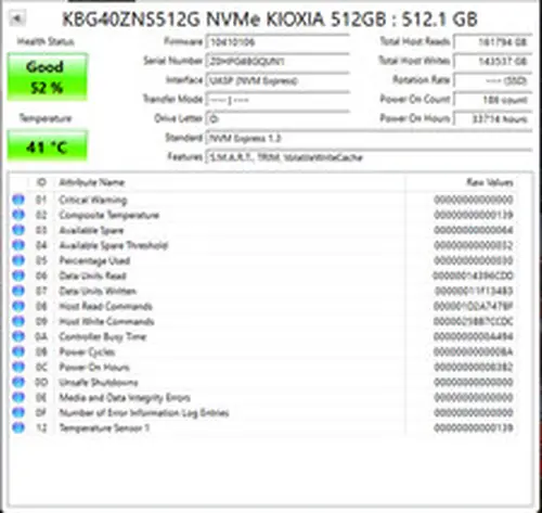 Kioxia KBG40ZNS512G 512GB NVMe M.2 2230 SSD PCIe Solid State Drive 52% Health