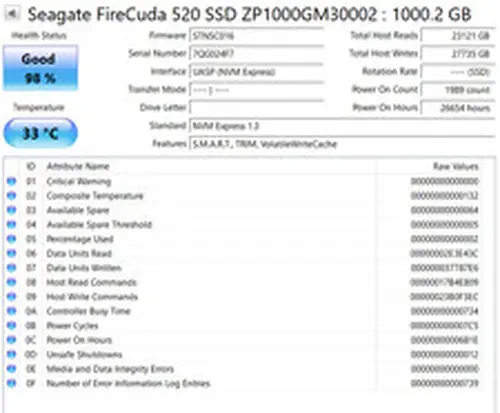 Seagate FireCuda 520 1TB NVMe m.2 2280 Gaming SSD 98% life remaining