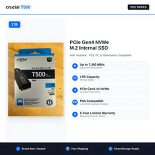 Crucial T500 1TB PCIe Gen4 NVMe M.2 Internal SSD with Heatsink - PS5 Compatible