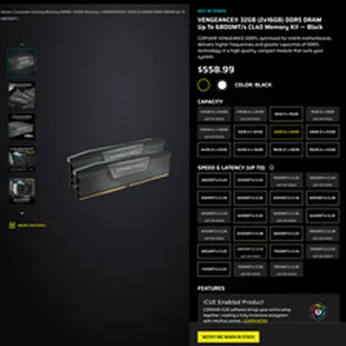 VENGEANCE® 32GB (2x16GB) DDR5 DRAM Up To 6800MT/s CL40 Memory Kit — Black