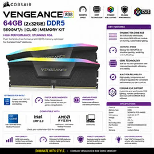 NEW CORSAIR VENGEANCE RGB 64GB (2x32GB) DDR5 RAM 5600MT/s CL40 Memory - Black