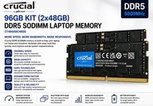 Crucial 96GB Kit (2x48GB) DDR5 5600MHz SODIMM Laptop Memory CT2K48G56C46S5