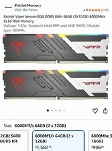 Patriot Viper Venom RGB DDR5 RAM 64GB (2X32GB) 6000MHz CL36 RGB Memory
