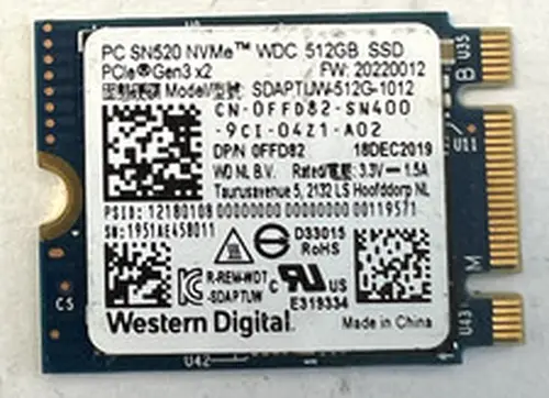 Western Digital 512GB SN520 NVMe WD PCIe Gen3 SSD SDAPTUW-512G-1012 Dell FFD82
