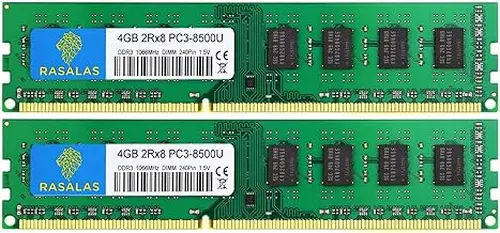 Rasalas 8GB DDR3 Kit (2x4GB) PC3-8500 DDR3 1066 Mhz 8GB Udimm DDR3 Ram 2Rx8 1.5V CL7 Desktop Comuter Ram Memory Modules Upgrade