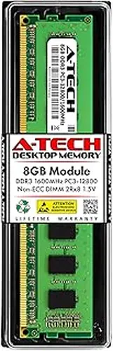 A-Tech 8GB DDR3 1600MHz PC3-12800 CL11 DIMM 2Rx8 1.5V 240-Pin Non-ECC UDIMM Desktop RAM Memory Module