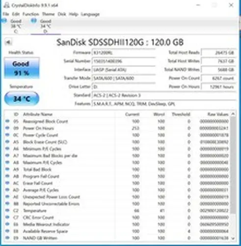 120GB SanDisk Ultra II 2.5" SATA 6Gb/s SSD SDSSDHII-120GB 91% Health