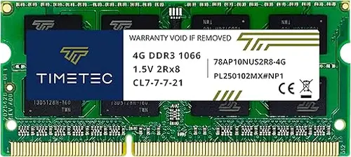 Timetec 4GB DDR3 1066MHz PC3-8500 Non-ECC Unbuffered 1.5V CL7 2Rx8 Dual Rank 204 Pin SODIMM Laptop Notebook PC Computer Memory RAM Module Upgrade (4GB)